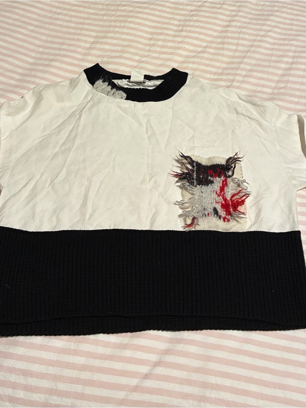 Women’s White & Black Long Sleeve Top with Distressed Patch